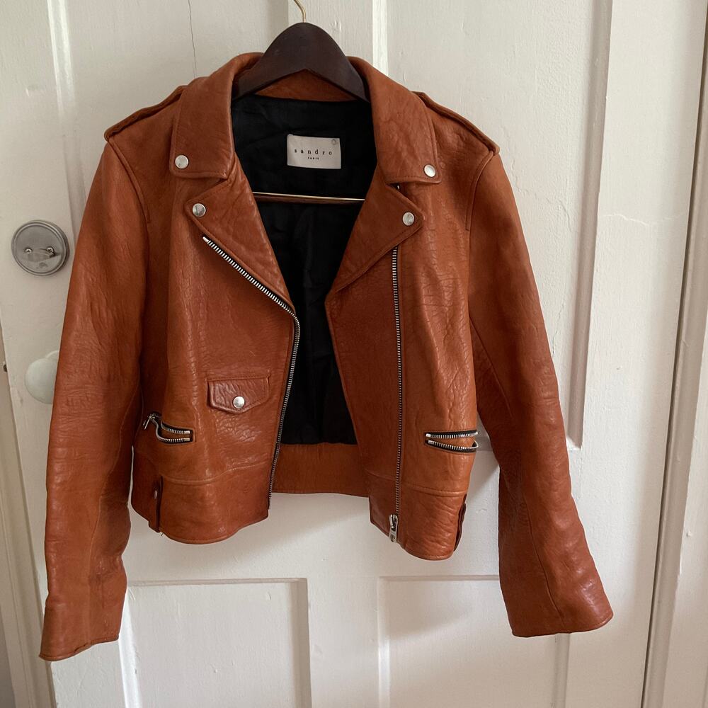 Sandro leather motorcycle moto jacket cognac